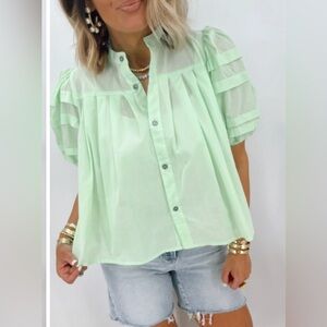 Olivaceous Light Green Blouse with Puff Sleeves